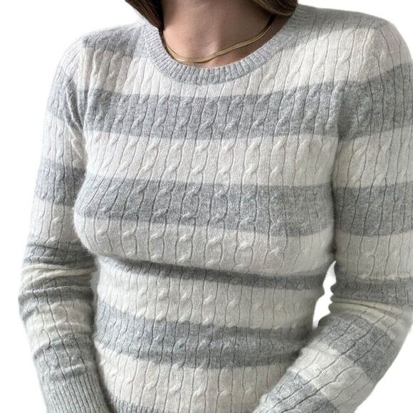 Womens Angora Wool Blend Gray White Striped Fuzzy Soft Preppy Sweater Sz M - Picture 3 of 8